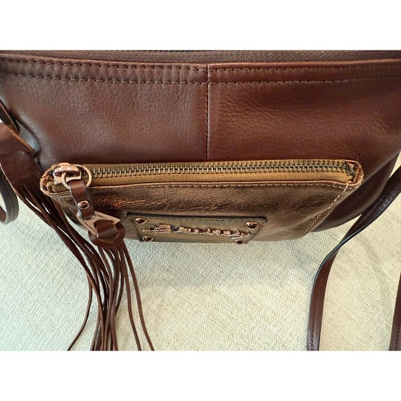 B Makowski Metallic Bronze Brown Pebbled Leather Tassel Crossbody Purse - Picture 7 of 13
